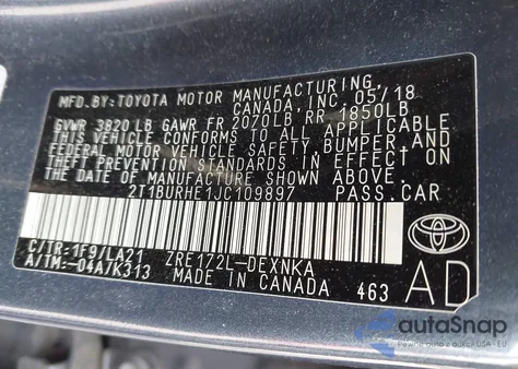 2018 Toyota Corolla Xle из США, поврежденный, VIN 2T1BURHE1JC109897